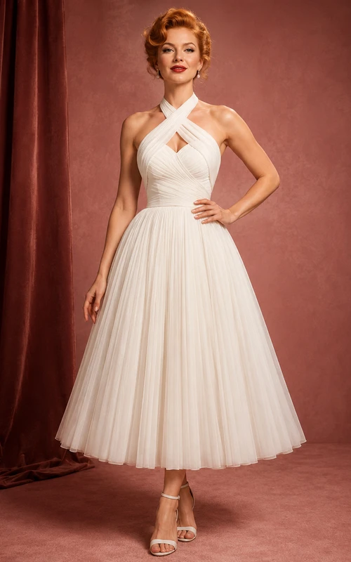 Criss Cross Halter Pleated Tea Length Bridal Dress