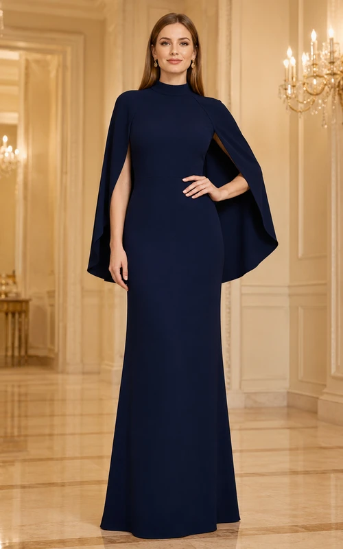 Midnight Wings Dunkelblaues Etuikleid, bodenlang, hochgeschlossen, langärmelig, aus Stretch-Satin, modernes Abendkleid