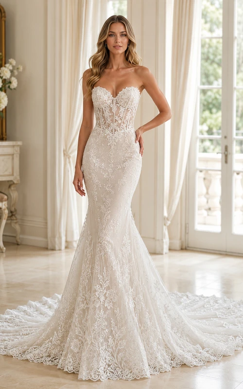 Robe de mariée Gallery Bridal en dentelle naturelle, décolleté en V profond, sans manches, sirène, traîne chapelle, ornée d'appliqués floraux, sans manches et à traîne chapelle.