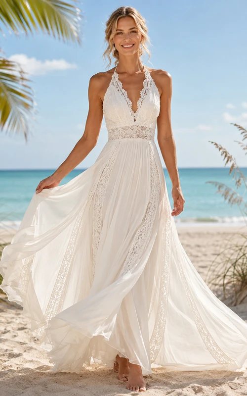Bohemian Halter Lace Chiffon Wedding A Line Sleeveless Chapel Train Beach