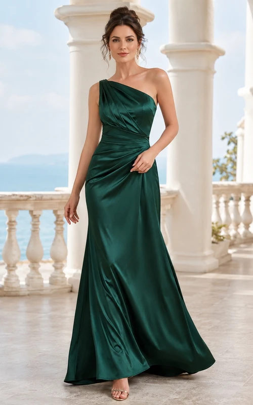 Dark Green Satin One-Shoulder Sleeveless Sheath Floor-length Formal Dress