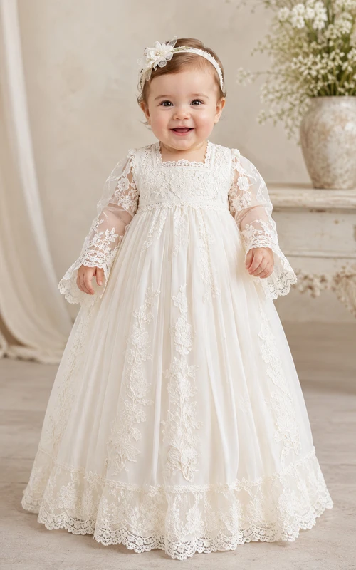 Robe de baptême pour bébé, robe de princesse modeste, robe de bal longue en tulle illusion et dentelle, manches longues, avec ceinture à nœud, couleur ivoire