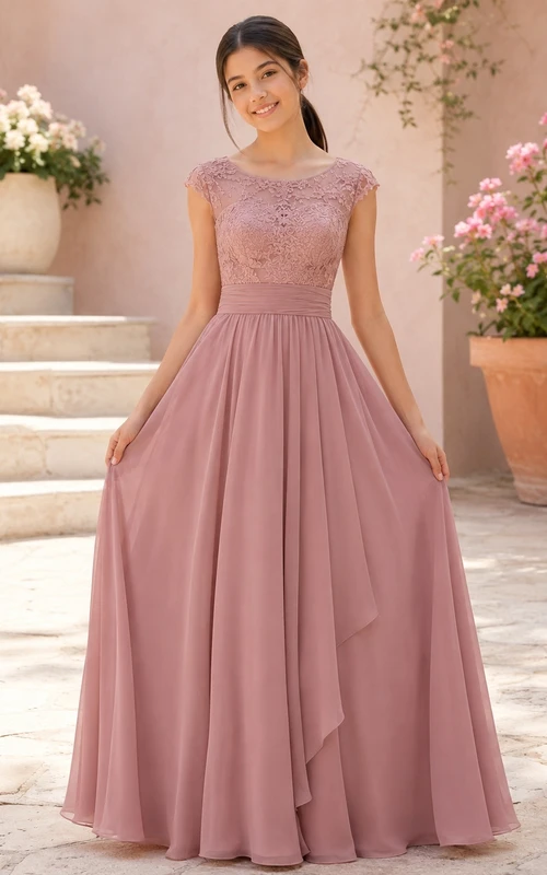 Romantisches, ärmelloses, bodenlanges Brautjungfernkleid in A-Linie aus altrosafarbenem Chiffon mit Spitze und Schmucksteinen