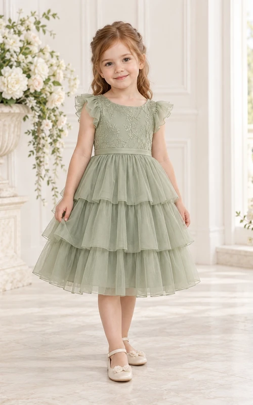 Teelanges, salbeigrünes, geblümtes Sommerkleid in A-Linie mit Tüllspitzenoberteil und flatternden Ärmeln für Blumenmädchen