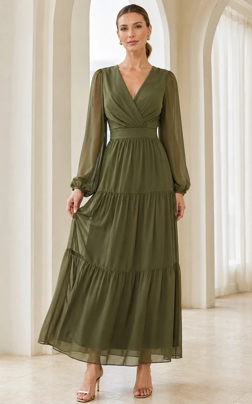 Olive Green Chiffon V-Neck Long-Sleeve Tiered Floor-Length Dress