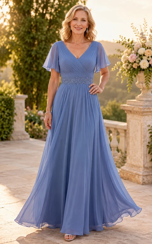 Vestido de gasa azul acero con escote en V, corte en A y mangas con volantes.