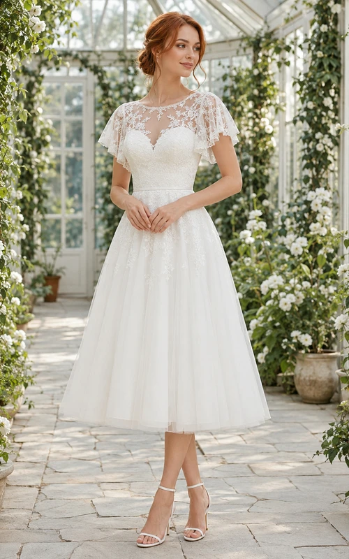 Tea-Length Illusion Lace Cap Sleeve A-Line Bridal Dress