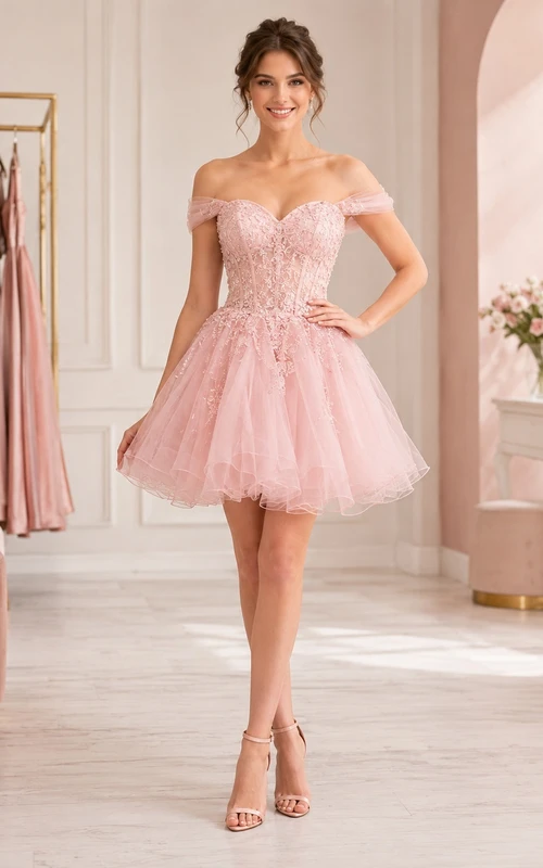 Blushing Pink Lace Tulle Off Shoulder Short Sleeve A-Line Quinceanera Dress