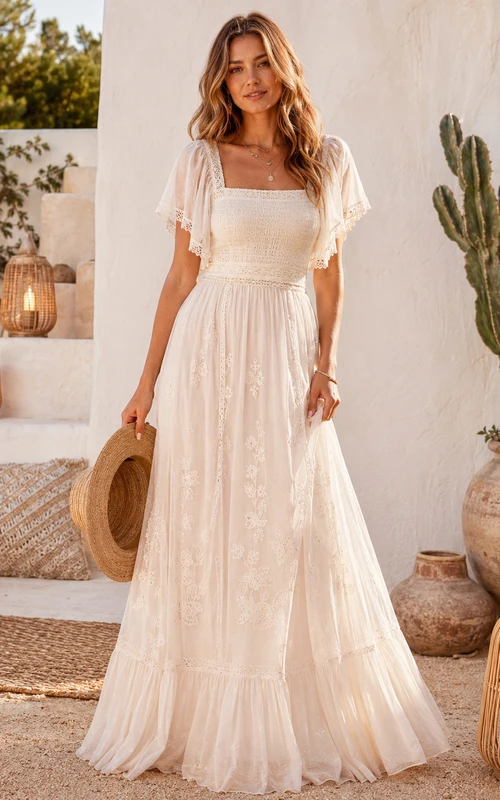 Boho Ibicenco A Line Square Neck Short Flutter Sleeve Wedding Dress