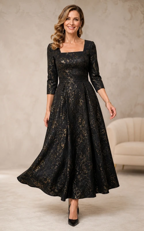 Modest Black Gold Square Neck Three-Quarter Sleeve A-Line Tea-Length Dress