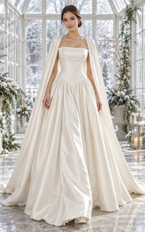 Vestido de novia sencillo de corte A con cuello cuadrado, punta puntiaguda y capa de satén.