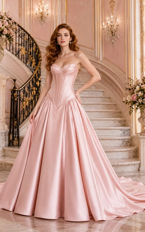 Dusty Pink Strapless Corset Satin Ball Gown Ballroom Dress