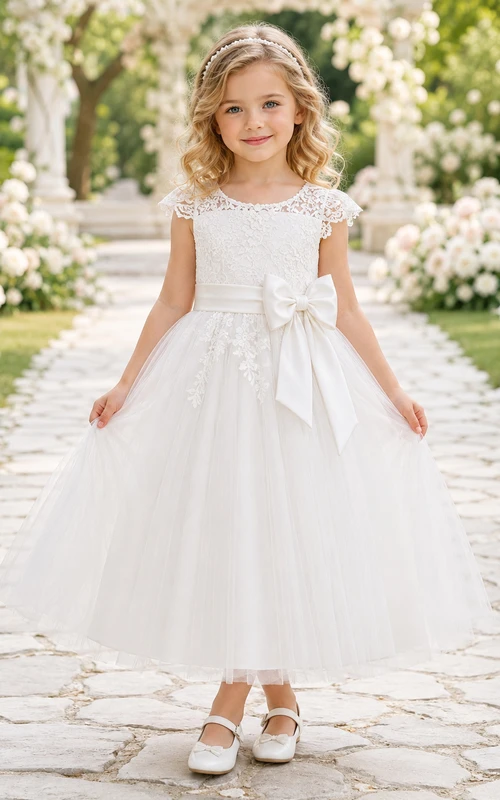 Flower Girl Dress Ivory Lace Tulle A-Line Short Sleeve Scoop Neck Tea Length Bow Back