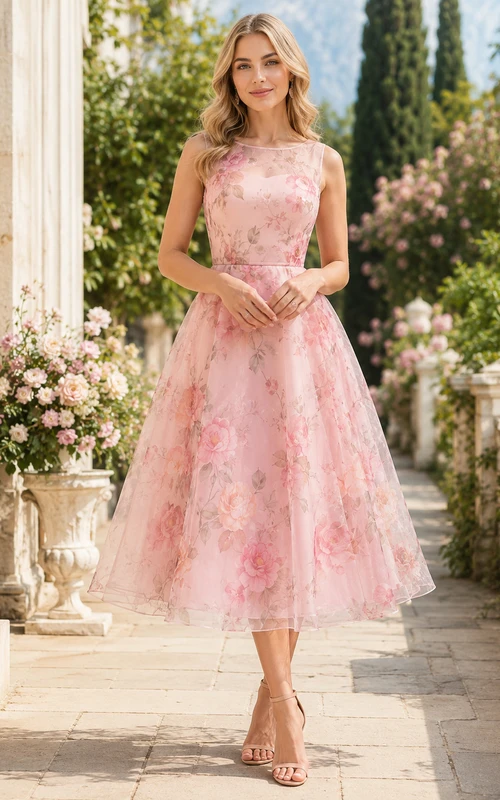 Pink floral organza square neck tea length garden guest dress