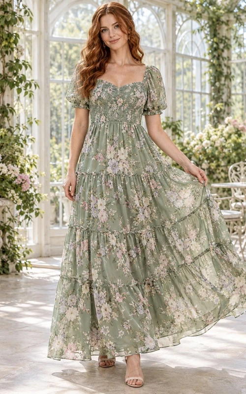 Sage Green Floral Print Square Neck Puff Sleeve Chiffon Ankle Length A Line Guest Dress