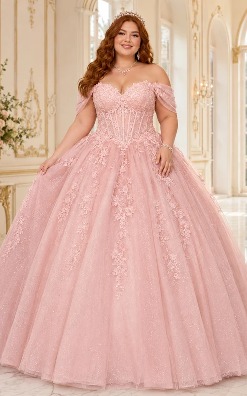 Vestido de fiesta formal de princesa con corsé de encaje y hombros descubiertos, talla grande, color rosa, color rosa.