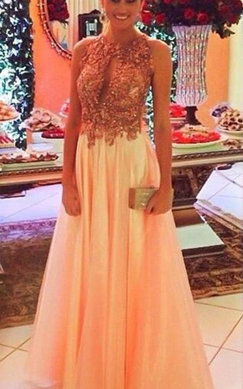 Glamouröses Chiffon-Abendkleid in A-Linie mit Kristallen und offenem Rücken