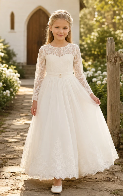 Rustikales Kommunionkleid mit herzförmigem Ausschnitt, Illusionsausschnitt und langen Ärmeln aus Spitze