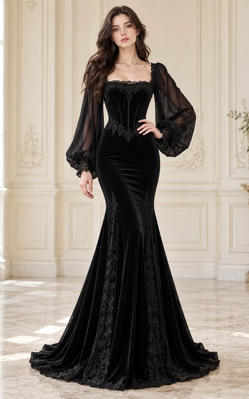 Black Gothic Square Neck Bishop Sleeve Velvet Mermaid Gown