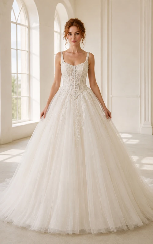 Robe de mariée de bal en tulle à fines bretelles et corsage en dentelle