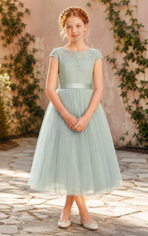 Celadonfarbenes Brautjungfernkleid für junge Damen, A-Linie, Teelänge, kurze Ärmel, Tüll, gestuft, bezaubernd, festlich