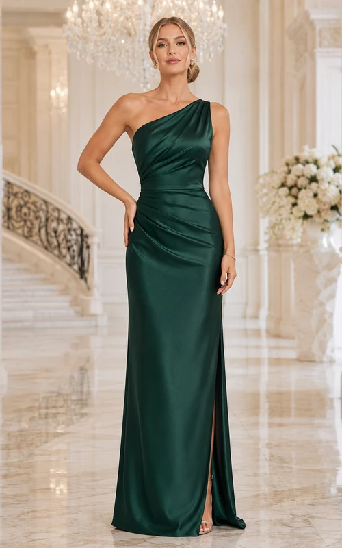 Black Tie Formal Dark Green Simple Elegant Modern Sheath Satin Bridesmaid Dress with One-Shoulder Sleeveless Floor-Length Slit Skirt Ruching Zipper Back