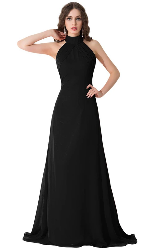 Vestido largo de gasa de cuello alto con espalda descubierta