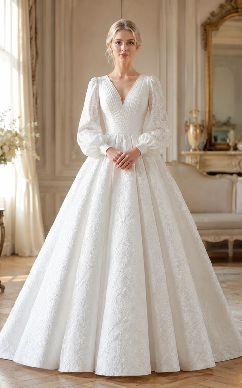 V-neck Poet Sleeve Tulle A-Line Chapel Train Elegant Bridal Dress