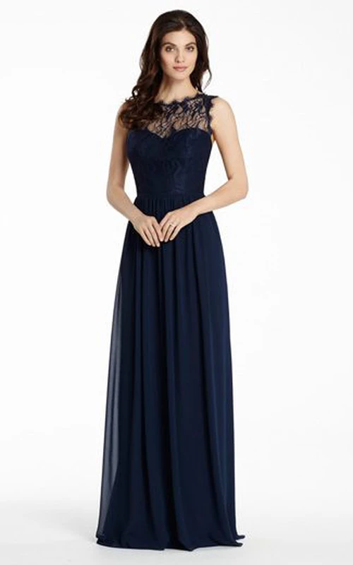 Robe de demoiselle d'honneur trapèze plissée, longue sans manches, en mousseline et dentelle, avec dos illusion, en mousseline et dentelle, à encolure bateau et dos plissé.