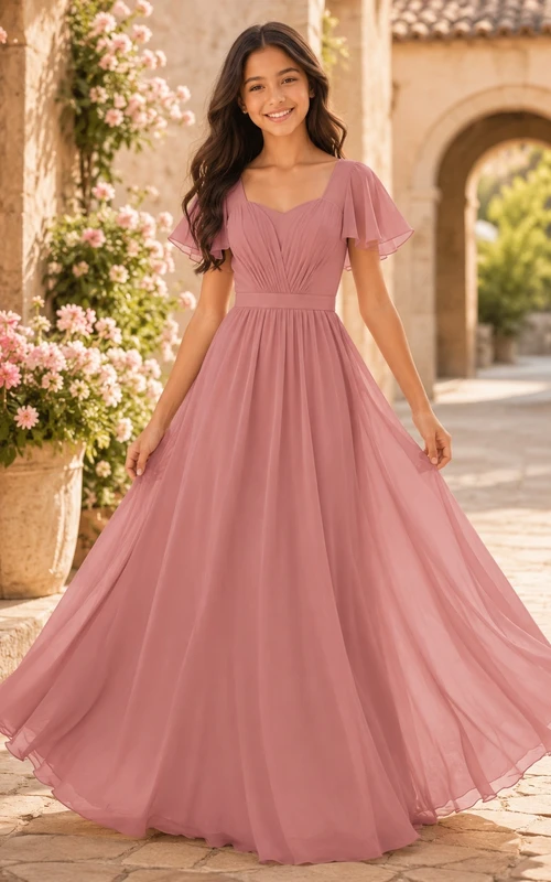 Vintage-Brautjungfernkleid in Mauve, A-Linie, herzförmiger Schnitt, kurze Blütenblattärmel, Chiffon, elegant
