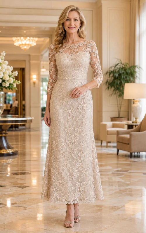 Robe de mère champagne à manches longues en dentelle, longueur thé