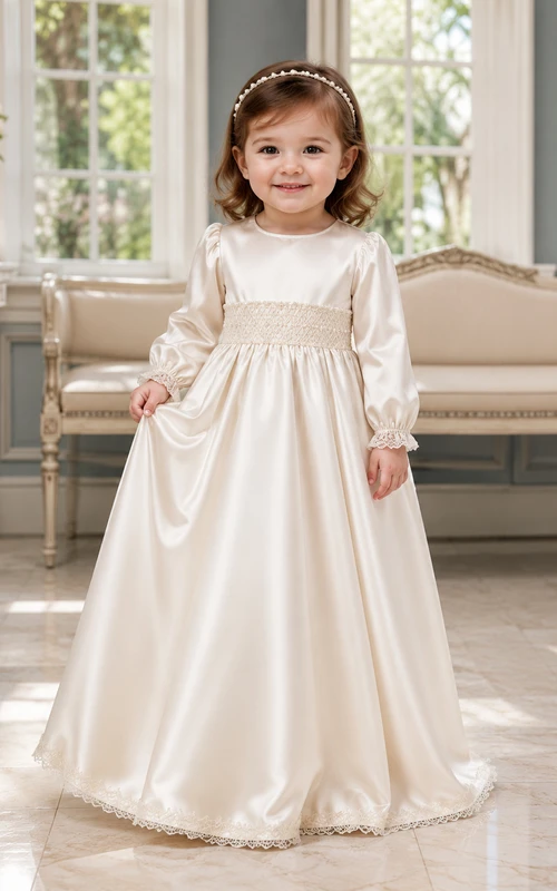 Round Neck Christening Gown A-Line Satin Lace Long Sleeve Sash Back