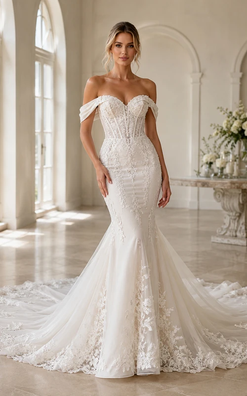 Robe de mariée vintage en dentelle, épaules dénudées, manches courtes, style sirène, traîne chapelle, ornée d'appliqués floraux.