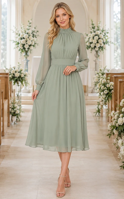 Salbeigrünes, hochgeschlossenes Chiffonkleid mit langen Ärmeln in Teelänge