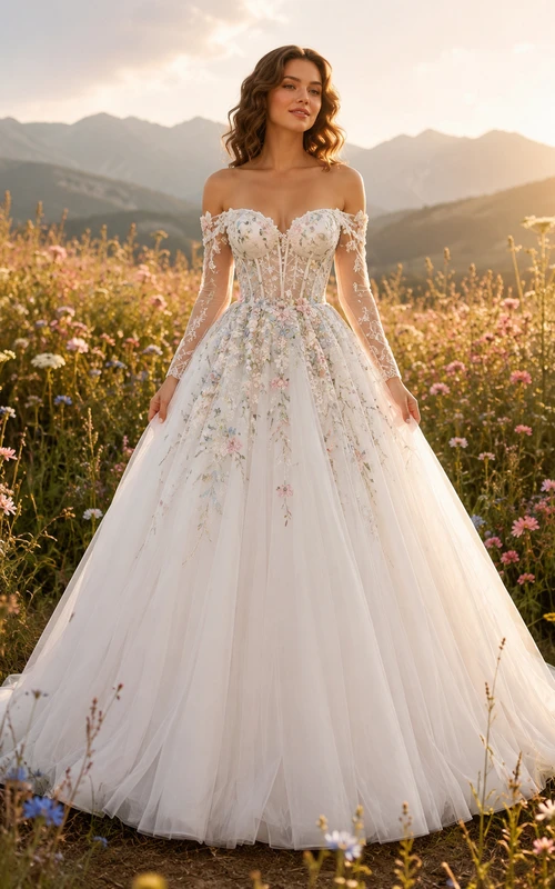 Schulterfreies Ballkleid aus floralem Tüll und Wildblumenwiese