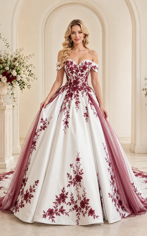 Burgunderrotes, elegantes Brautkleid in A-Linie mit Lorbeermuster, schulterfrei, kurzen Ärmeln und Kapellenschleppe