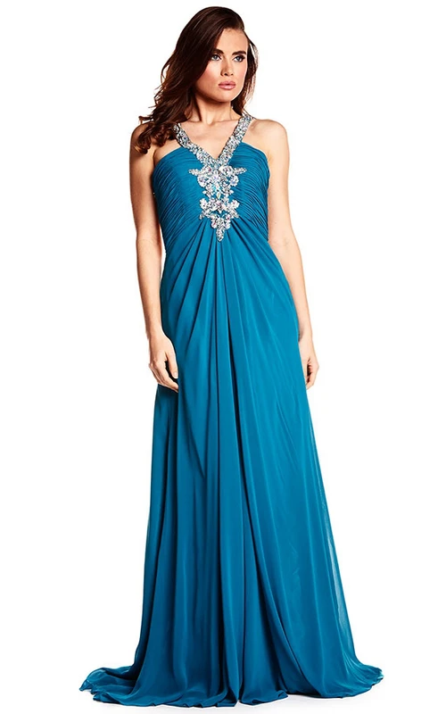 Ärmelloses, bodenlanges Empire-Chiffon-Abendkleid in A-Linie mit Raffungen, Trägern und Perlenstickerei