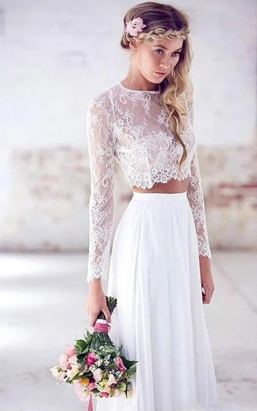 Ätherisches, zweiteiliges, bodenlanges Boho-Hochzeitskleid mit Falten für große Bräute
