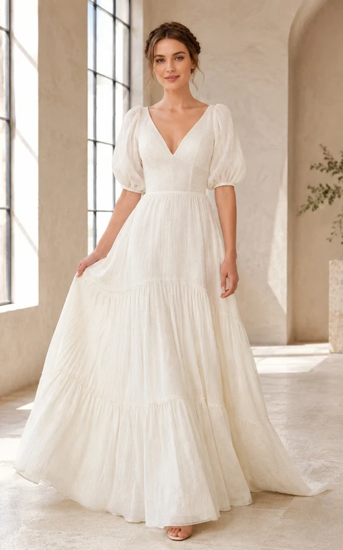 Vestido de novia formal estilo bohemio, largo hasta la rodilla, escote en V, corte en A, con volantes, para ceremonia formal.