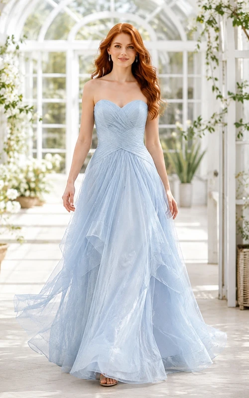 Sky Blue Strapless Tulle Pleated Ball Gown Floor Length Prom Formal Dress