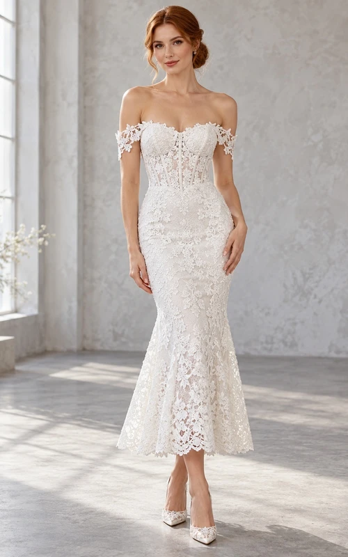 Boho Off Shoulder Crochet Lace Ankle-length Mermaid Bridal Wedding Dress