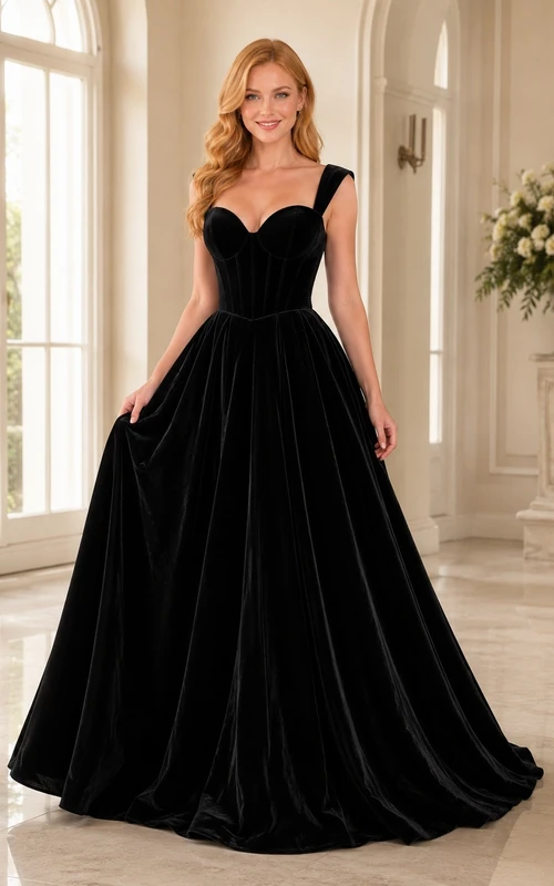 Black Sweetheart Wide Strap Velvet Ball Gown Floor-Length Luxury Formal Dress
