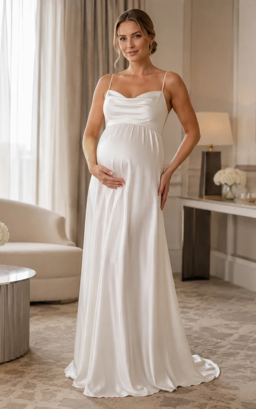 Vestido formal de recepción blanco de satén con escote drapeado y tirantes finos estilo imperio para maternidad.