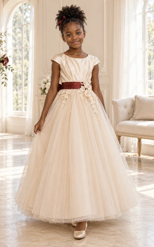 Ivory A-line Tulle Cap-sleeve Floor-length Pleated-bodice Burgundy-sashed Appliqued Flower Girl Dress