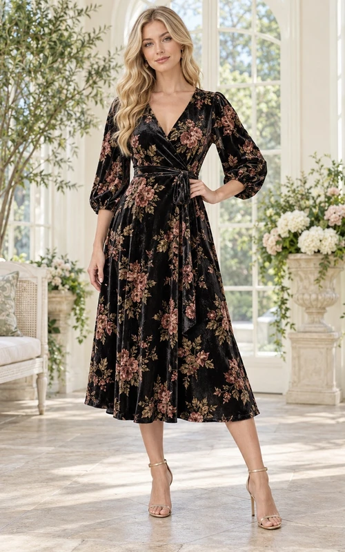 Black Floral Velvet Wrap V Neck Long Sleeve Tea Length A Line Guest Dress