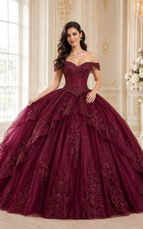 Burgundy Luxury Off Shoulder Layered Lace Glitter Tulle Princess Quinceanera Ball Gown