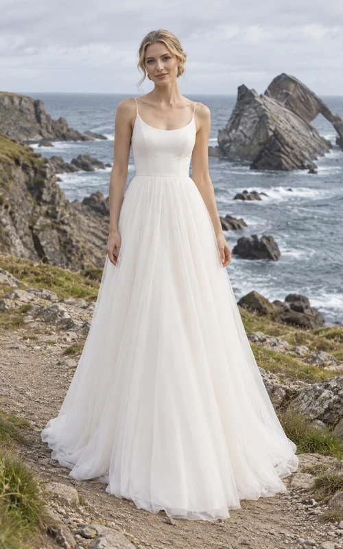 Vestido de novia sencillo de tul sin mangas con escote redondo y corte en A