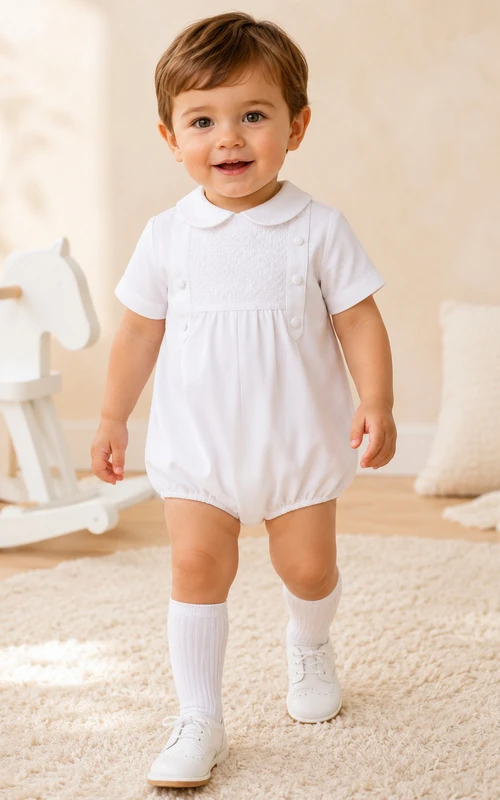 Weißes Taufkleid mit Peter-Kragen, gerafften Ärmeln und kurzen Ärmeln für Jungen