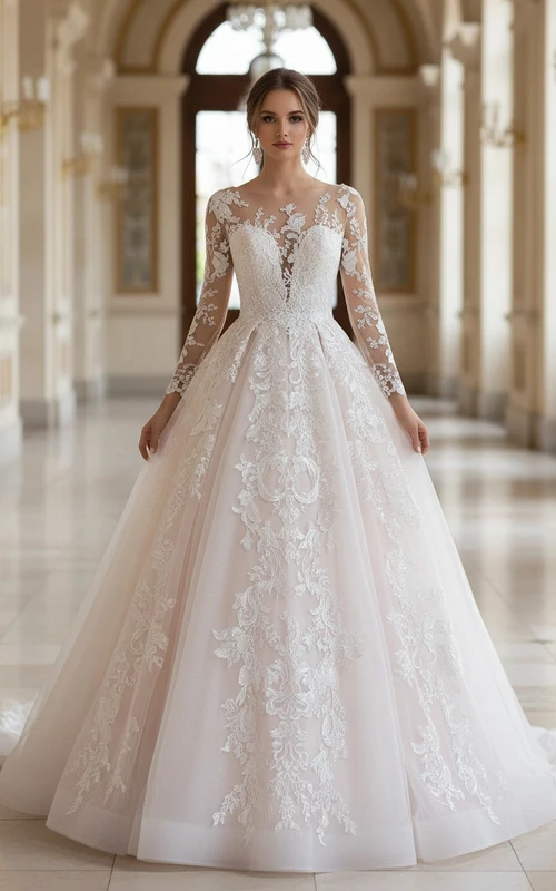 Elegantes, langärmeliges Ballkleid aus Spitze – Hochzeitskleid