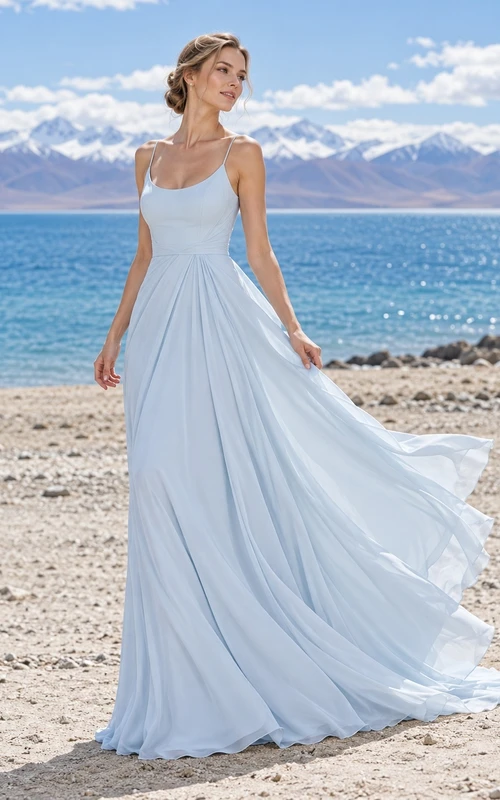 Sencillo vestido de novia azul cielo con tirantes finos y corte en A fruncido